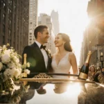 Aaron Tveit and Ericka Yang celebrating their wedding with Broadway decorations and NYC skyline behind them