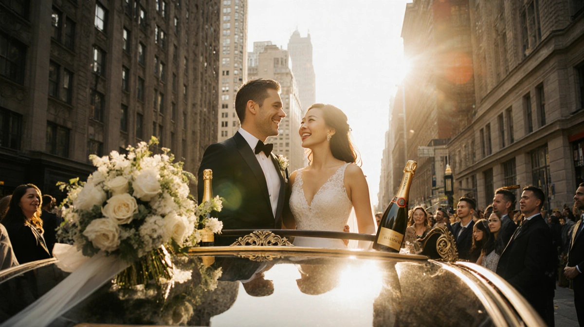 Aaron Tveit and Ericka Yang celebrating their wedding with Broadway decorations and NYC skyline behind them