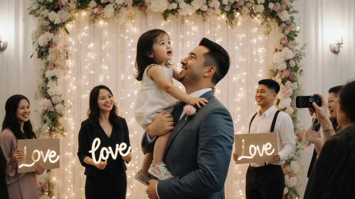 Aaron Tveit holding his daughter on his shoulder with Ericka Yang taking photos and guests celebrating their wedding