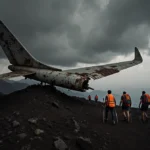 Hikers in orange vests walk past abandoned aircraft wing with rusted metal and grey sky above