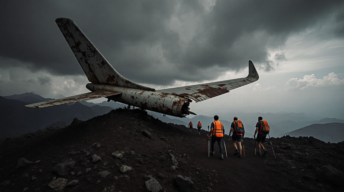 Hikers in orange vests walk past abandoned aircraft wing with rusted metal and grey sky above