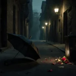 Overturned umbrella lies twisted in abandoned alleyway with crumbling brick walls and flickering streetlights casting shadows
