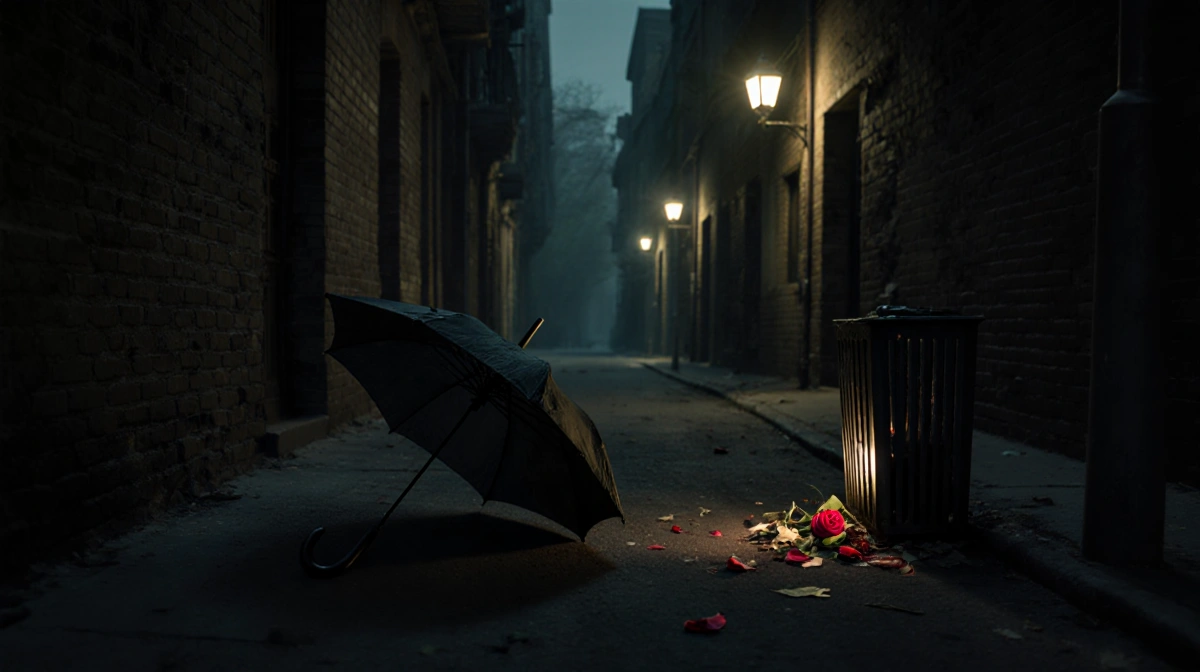 Overturned umbrella lies twisted in abandoned alleyway with crumbling brick walls and flickering streetlights casting shadows