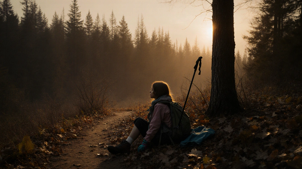 Abandoned backpack lies on autumn hiking trail with scattered gear and golden sunset light