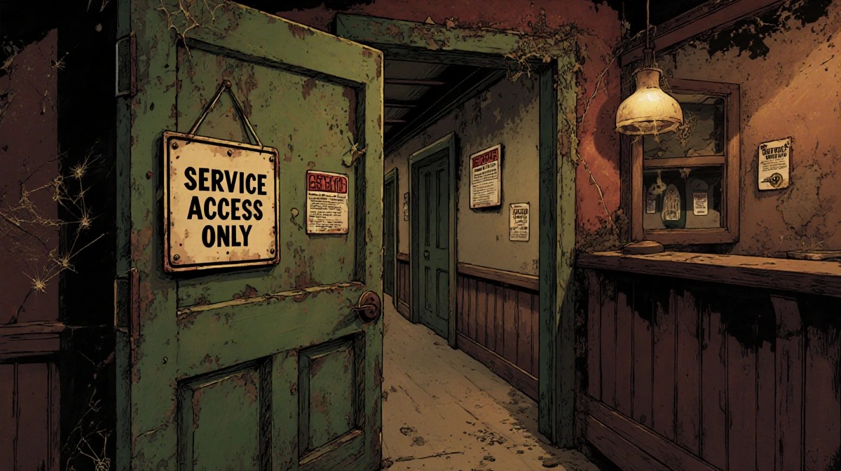 Overgrown service door stands ajar with faded warning sign and dusty hallway revealing years of neglect