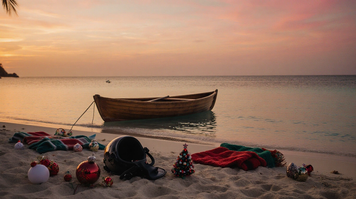 Abandoned rowboat floats on sunset lagoon with Christmas decorations and scuba helmet on empty beach