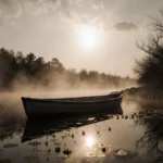 Abandoned boat sinking in Alabama River at dawn with mist rising and trees reflecting on the water