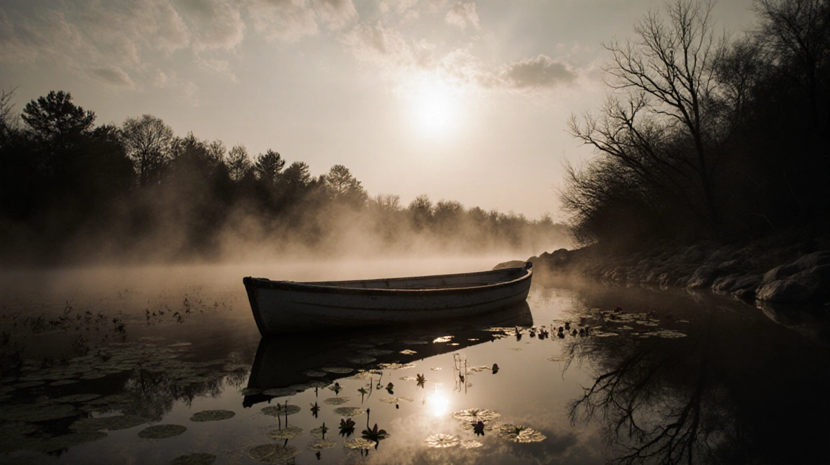 Abandoned boat sinking in Alabama River at dawn with mist rising and trees reflecting on the water