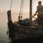 Old fisherman stands at helm of half-sunken boat with weathered sails and fishing gear on deck at misty Florida dawn
