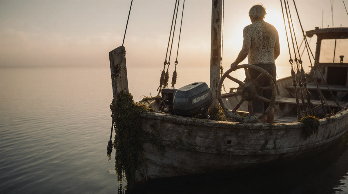Old fisherman stands at helm of half-sunken boat with weathered sails and fishing gear on deck at misty Florida dawn