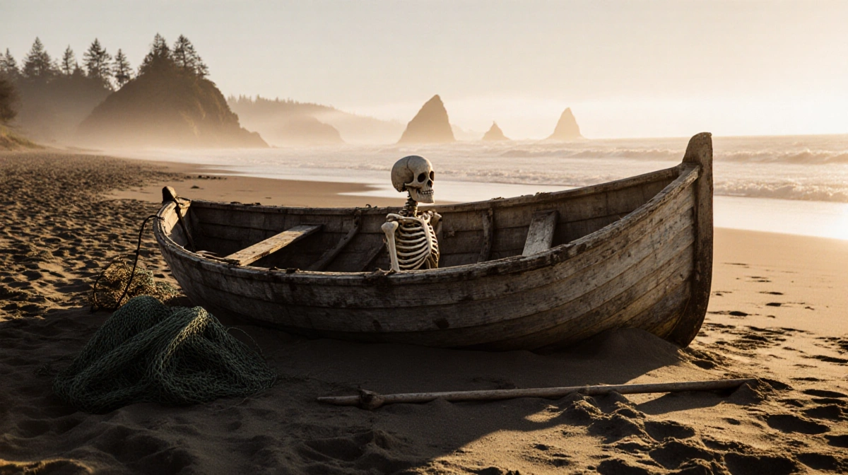 Weathered wooden boat half-buried in sand with skeletal remains visible through worn planks and golden sunset light casting l