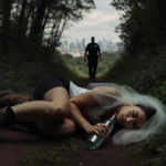 Abandoned athlete lies face-down on forest path with bridal veil and antique wedding ring showing