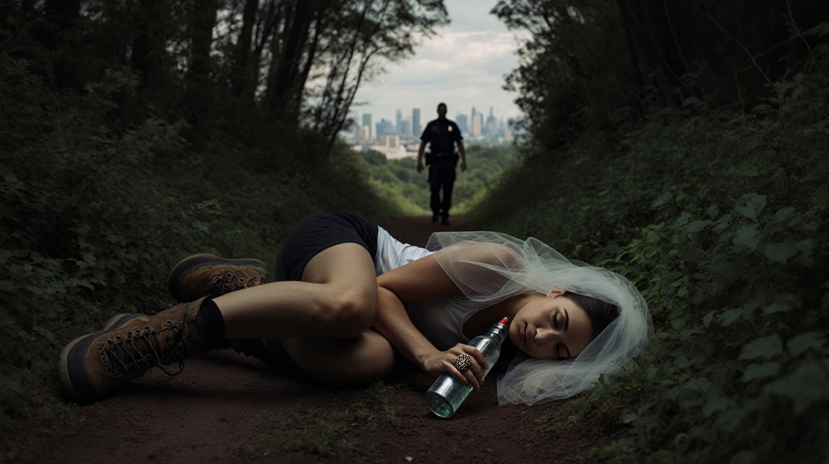 Abandoned athlete lies face-down on forest path with bridal veil and antique wedding ring showing