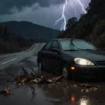 Abandoned car battling torrential rain with lightning flashes illuminating flooded Topanga Canyon Blvd