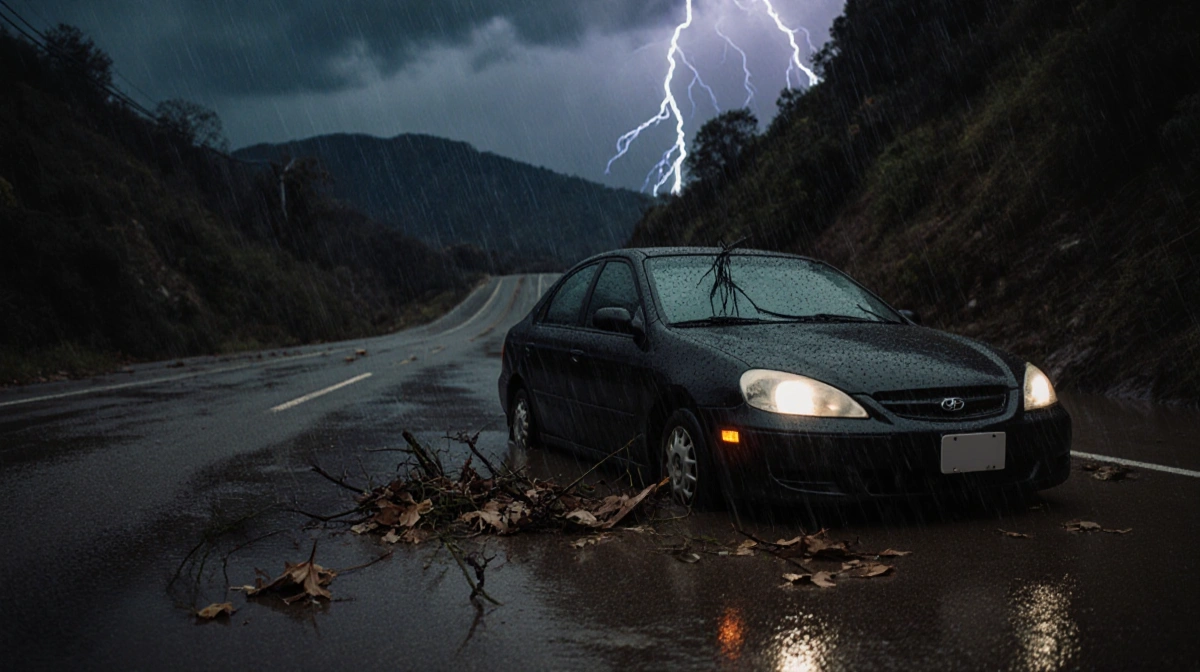 Abandoned car battling torrential rain with lightning flashes illuminating flooded Topanga Canyon Blvd