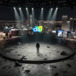 Lone figure stands on abandoned CES stage with empty booths and city skyline glowing behind
