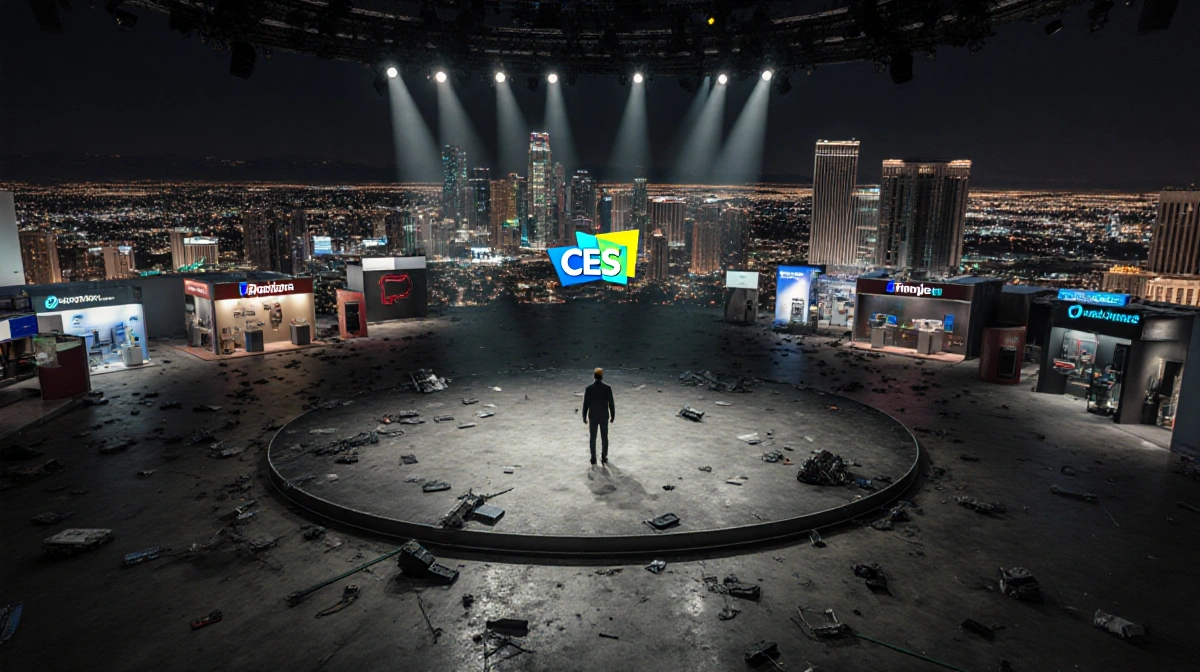 Lone figure stands on abandoned CES stage with empty booths and city skyline glowing behind