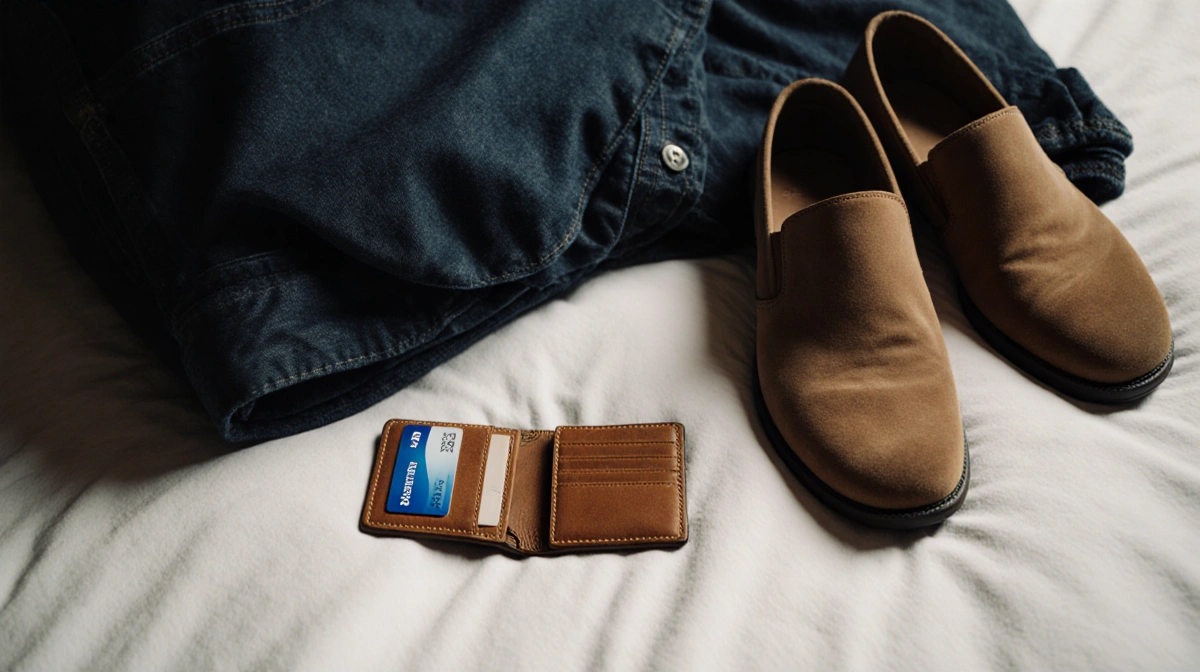 Man's clothes lie empty on bed with wallet open showing card and slides nearby