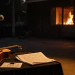 Abandoned microphone and guitar rest on empty concert stage with sheet music scattered and fire glowing through windows
