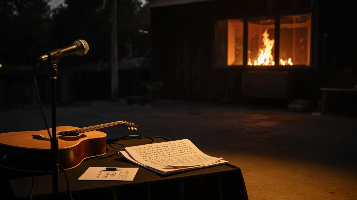 Abandoned microphone and guitar rest on empty concert stage with sheet music scattered and fire glowing through windows