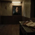 Open law book sits on cluttered workbench with flickering fluorescent light above and courthouse hallway fading into darkness