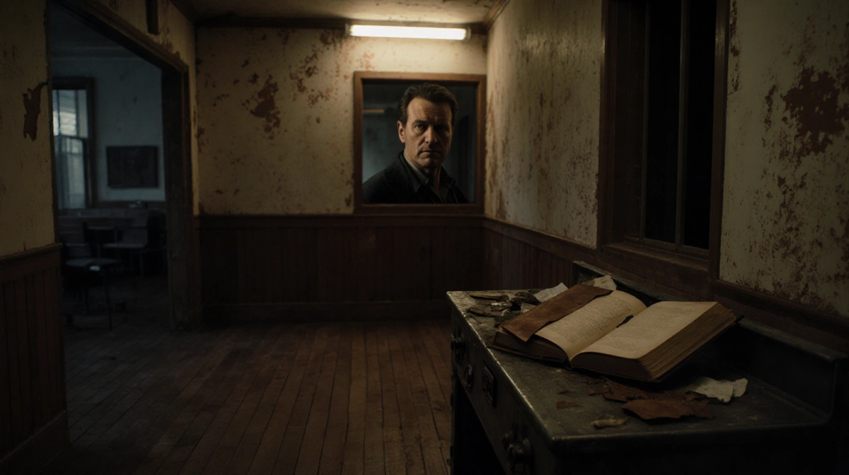 Open law book sits on cluttered workbench with flickering fluorescent light above and courthouse hallway fading into darkness