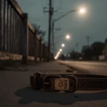 Brown leather collar lying abandoned on dusty rural road with rusty police lights and a faint dog tag visible