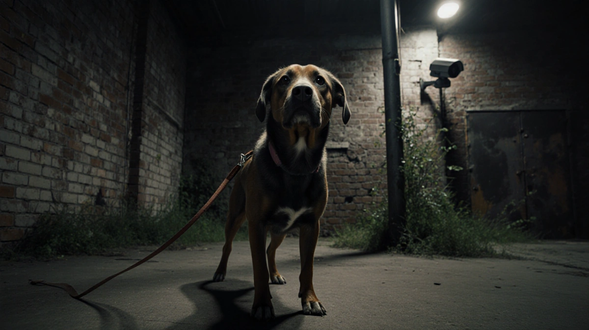 Abandoned dog on leash looks up with distress near crumbling brick walls and security camera
