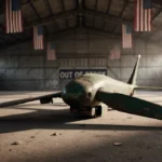 Weathered drone propeller lies on dusty hangar floor with faded American flags overhead and out of stock sign behind
