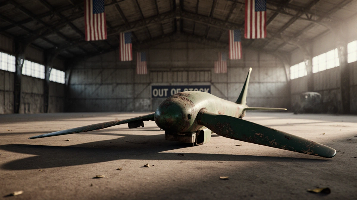 Weathered drone propeller lies on dusty hangar floor with faded American flags overhead and out of stock sign behind