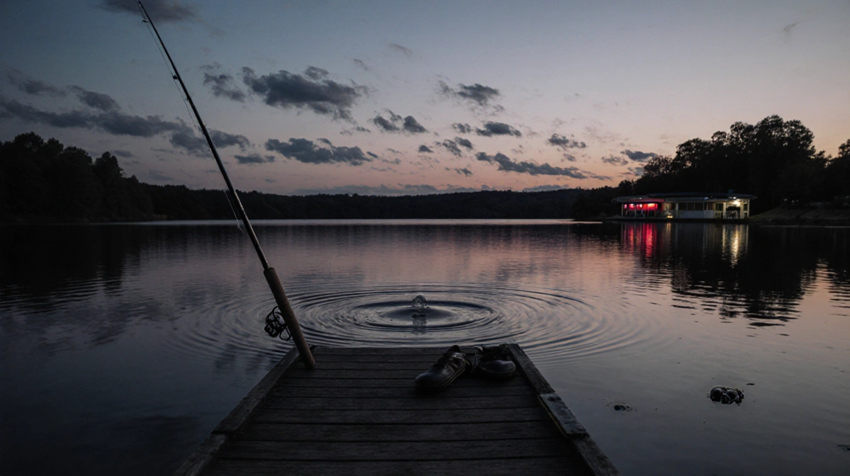 Abandoned fishing rod lies on wooden dock at dusk with rippling lake water and faint bowling alley visible on shore