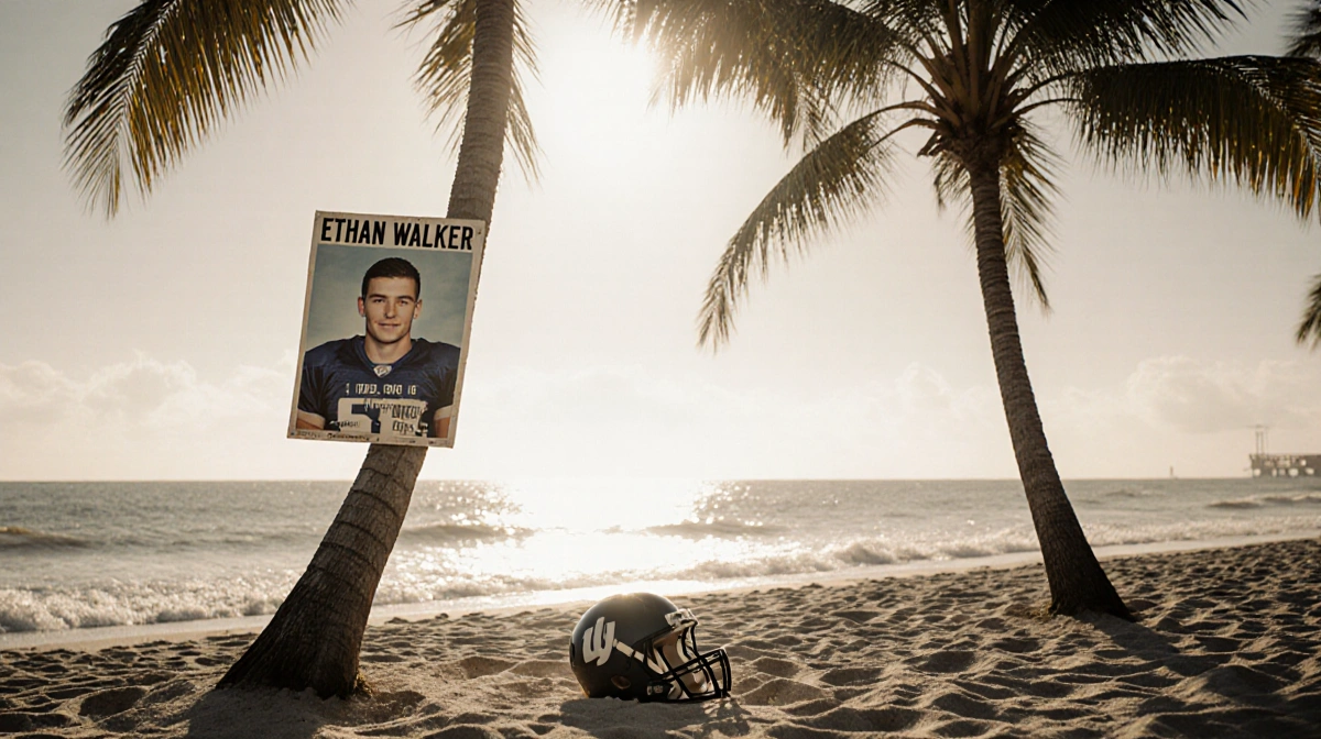 Abandoned football helmet rests on Orlando beach sand with faded Ethan Walker poster hanging from palm tree