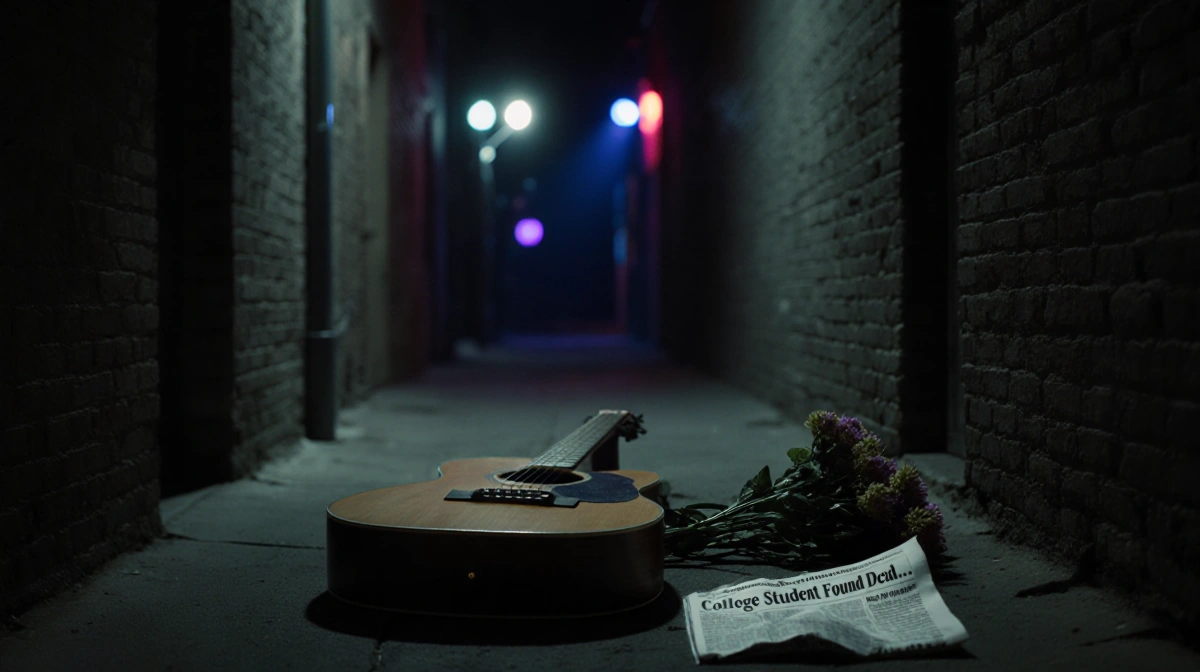 Abandoned guitar lies beside wilted flowers with nightclub lights glowing in dark alley and newspaper headline visible