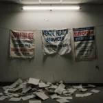 Shattered healthcare banners hang on bare wall with broken grant applications scattered beneath flickering light