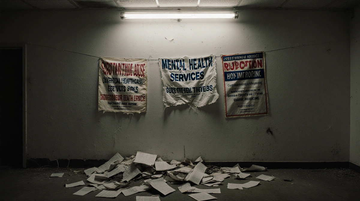 Shattered healthcare banners hang on bare wall with broken grant applications scattered beneath flickering light