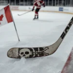 Abandoned hockey stick lies on ice with skeleton face etched on surface and tattered Canadian flag nearby