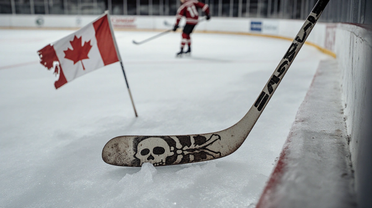 Abandoned hockey stick lies on ice with skeleton face etched on surface and tattered Canadian flag nearby
