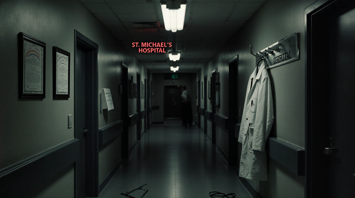 Abandoned white coat and stethoscope lie on dim hospital corridor floor with torn certificate on wall