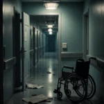 Dim hallway with flickering light showing open door and abandoned wheelchair near hospital entrance