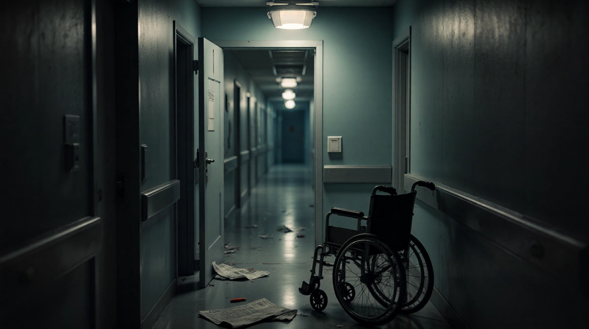 Dim hallway with flickering light showing open door and abandoned wheelchair near hospital entrance
