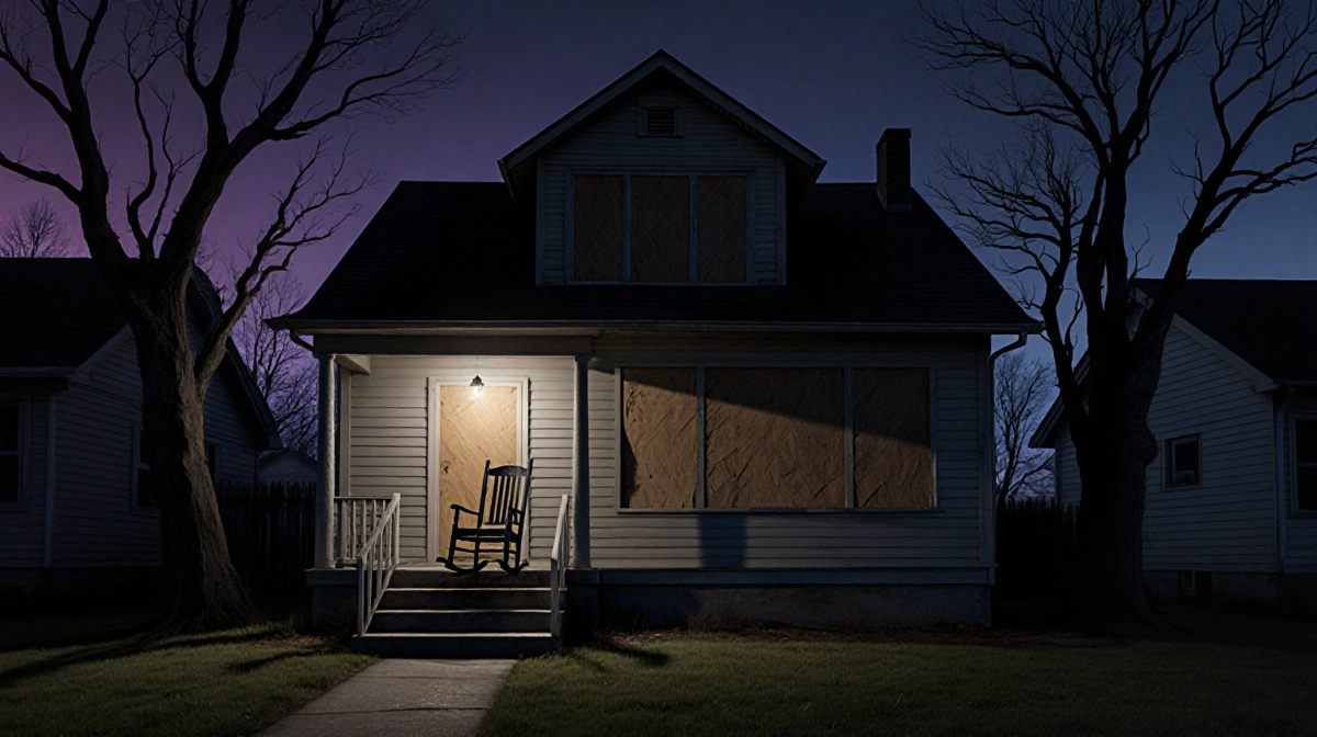 Abandoned house with boarded windows flickers light while rocking chair sits on porch with twisted trees looming overhead