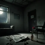 Abandoned medical office with moonlight streaming through broken window and overturned chair showing dark mystery