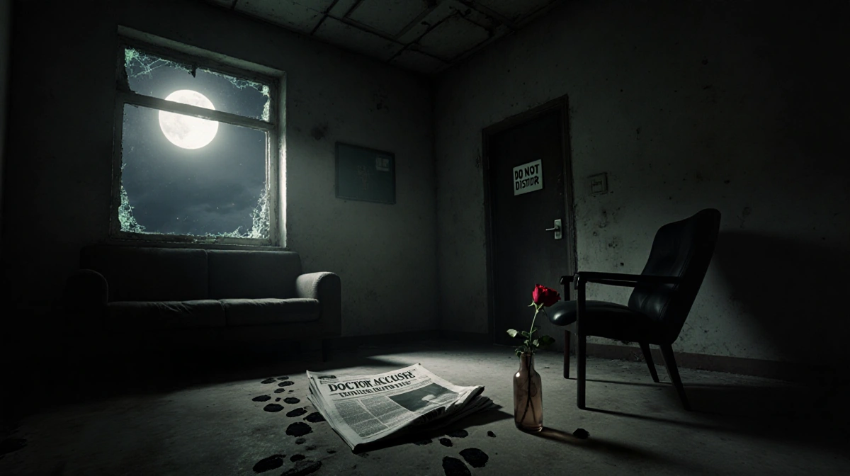 Abandoned medical office with moonlight streaming through broken window and overturned chair showing dark mystery