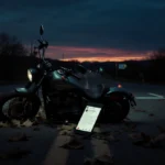 Motorcycle lies on road with glowing phone and scattered leaves while indigo dusk sky fades