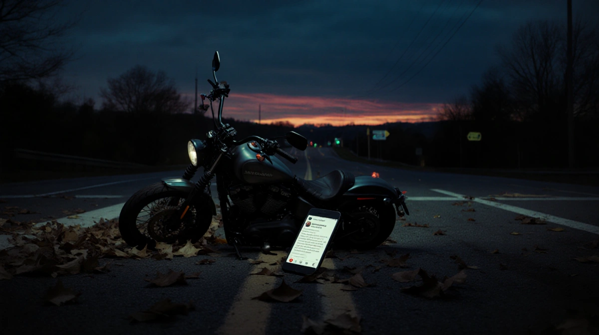 Motorcycle lies on road with glowing phone and scattered leaves while indigo dusk sky fades