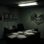 Empty office desk holds scattered student complaint files with flickering light overhead and peeling government logo on wall