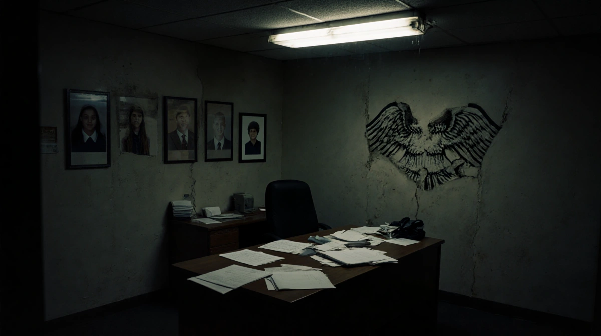 Empty office desk holds scattered student complaint files with flickering light overhead and peeling government logo on wall