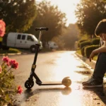 Older brother sits on curb staring at abandoned scooter with blooming flowers and tears streaming