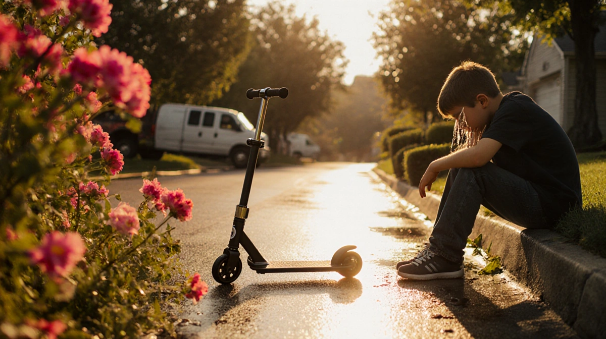 Older brother sits on curb staring at abandoned scooter with blooming flowers and tears streaming