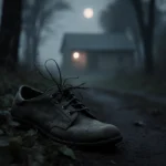 Old worn shoe resting on forest path with tangled laces and twigs showing abandonment under moonlight